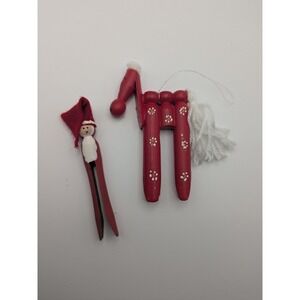 2 Vintage Christmas Ornaments Horse‎ & Santa Old Wooden Clothespins Red White